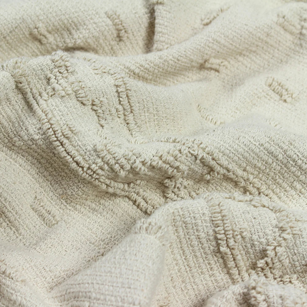 Close-up detail of the cream cotton fabric showing the raised tufted loop texture and woven geometric border pattern – Kumperi