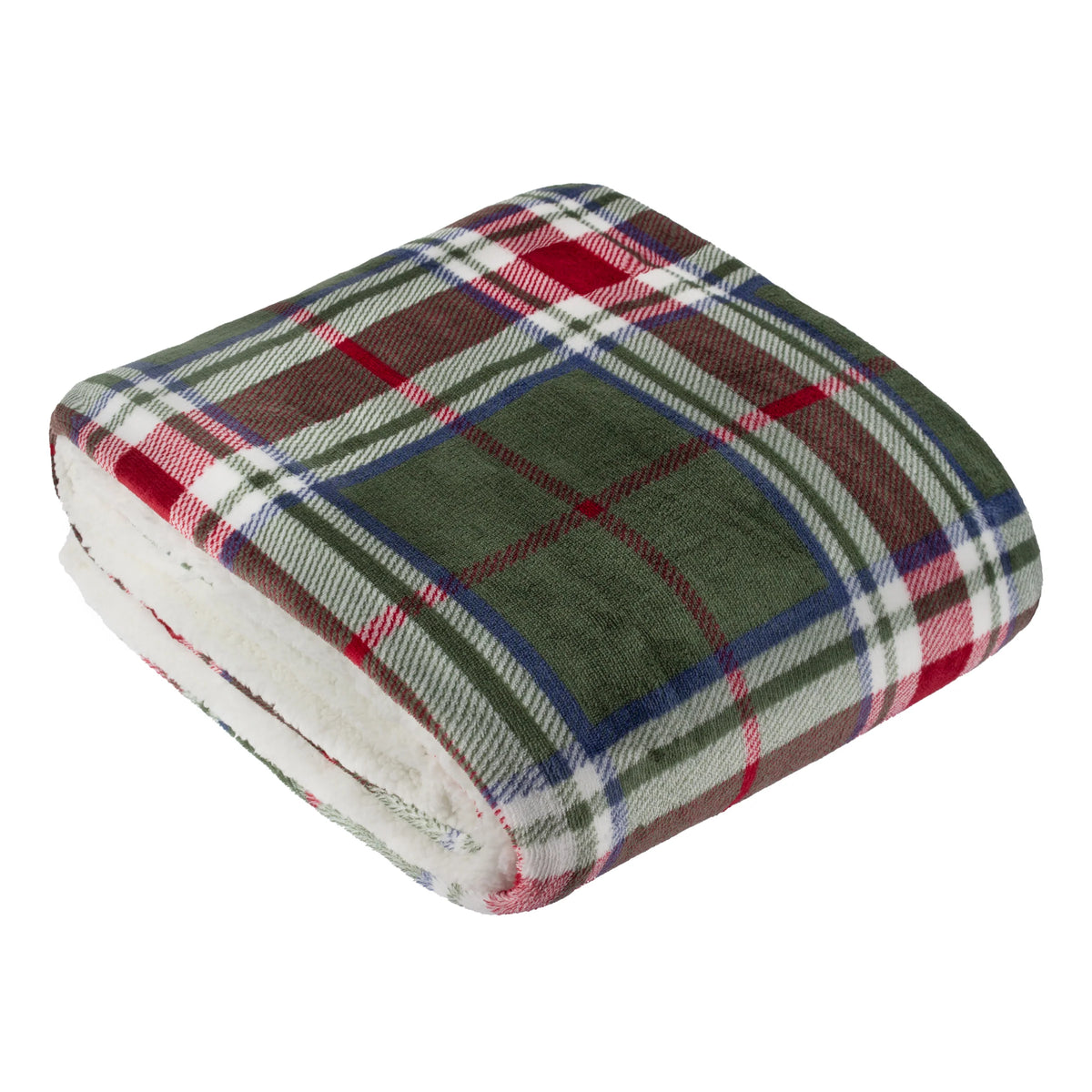Throw folded into a square showing the pine green, berry red and white tartan check print on top with the white sherpa fleece reverse visible along the folded edge – Kumperi