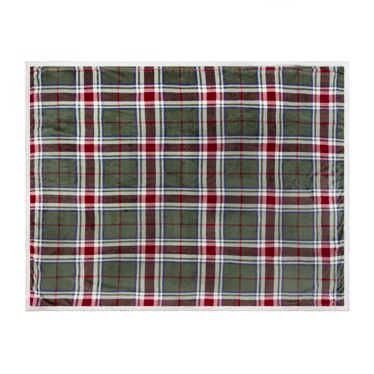 Flat top-down view of the throw showing the full pine green, berry red, navy and white tartan check pattern across the fleece fabric – Kumperi