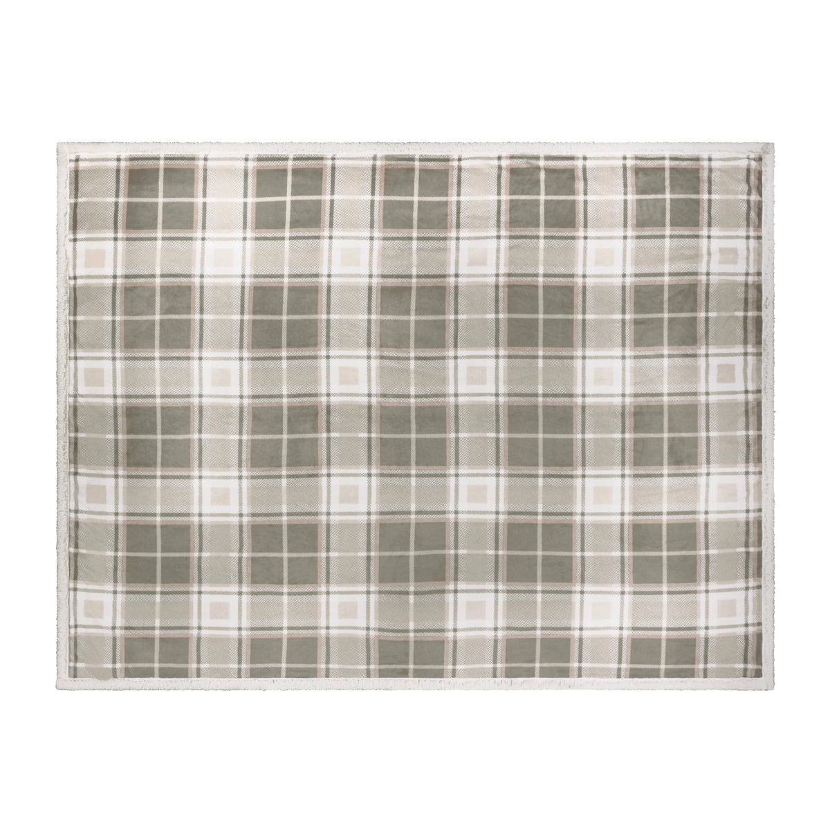 Flat top-down view of the throw showing the full green, taupe, natural and white tartan check pattern across the fleece fabric – Kumperi