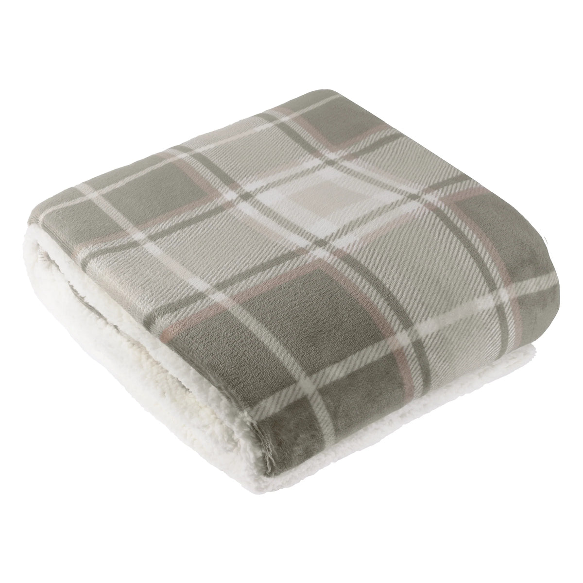 Folded fleece throw showing the green, taupe, natural and white tartan check pattern with the white sherpa fleece reverse visible along the folded edge – Kumperi