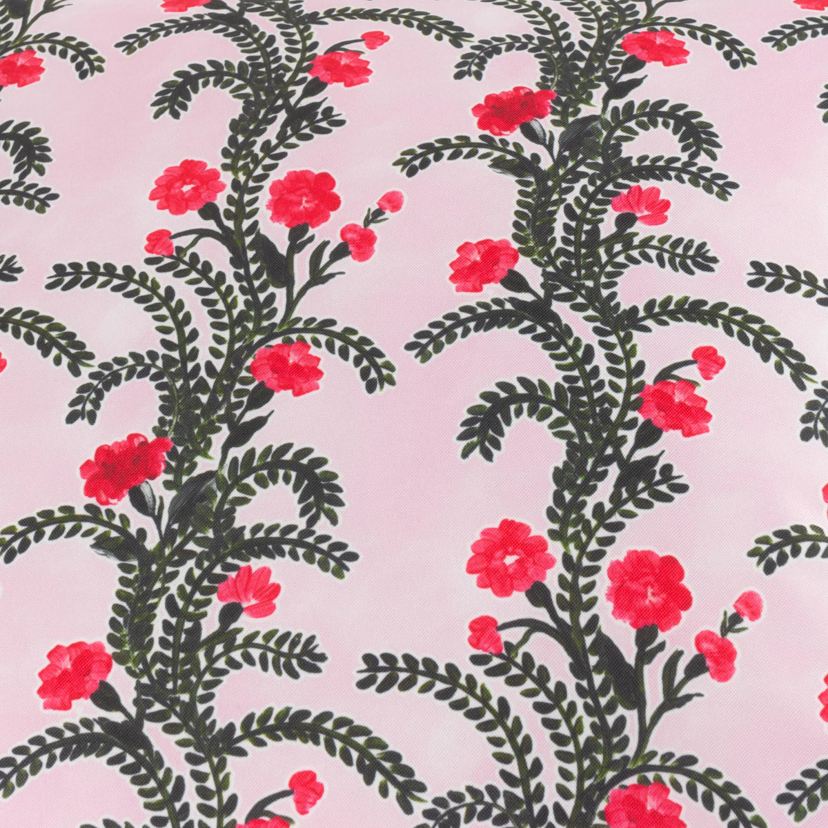 Close-up fabric detail of hand-drawn floral vine print on lilac outdoor cushion – Kumperi