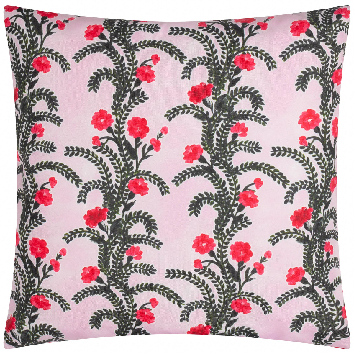 Lilac outdoor cushion with black-green vine and red floral print, front view – Kumperi