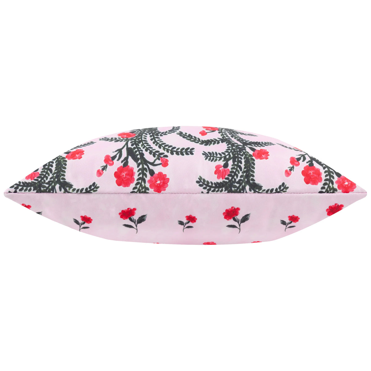 Side profile of lilac reversible outdoor cushion showing both prints and zip seam – Kumperi