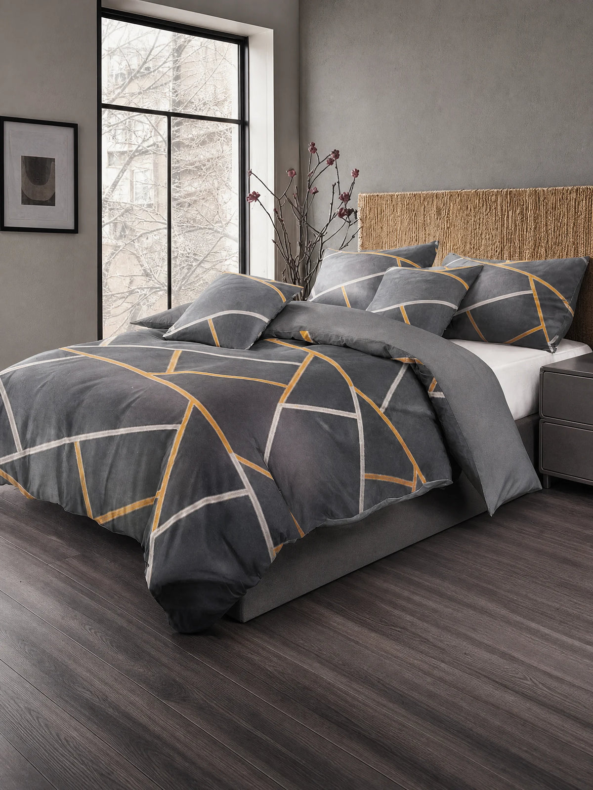 Charcoal grey and gold large-scale geometric diagonal lines king duvet cover set 220x230cm Egyptian Cotton Touch soft microfibre with 2 pillowcases Cotton King Cool and Crisp collection