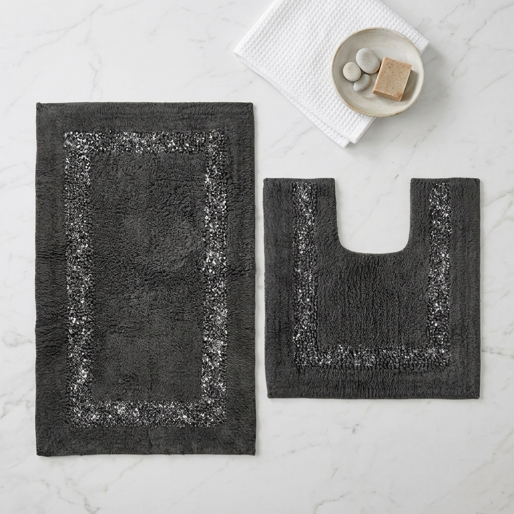Flat lay of charcoal Brillare cotton bath mat and pedestal mat on white marble beside a folded towel and dish of soap and pebbles showing silver sparkle border trim Emma Barclay Panache Home