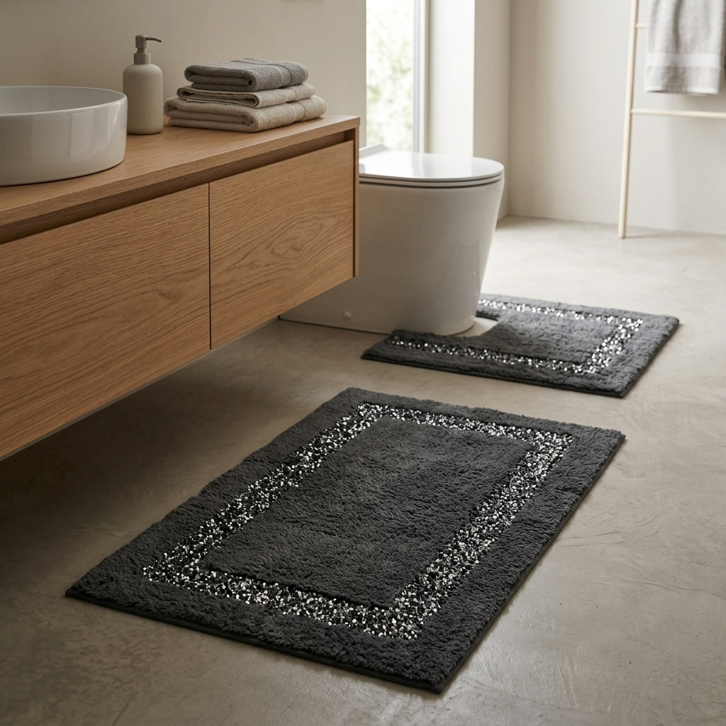 Charcoal Brillare cotton bath mat and pedestal mat styled on a concrete-effect bathroom floor beside a wooden vanity, sink and toilet showing silver sparkle border trim 2-piece set Emma Barclay Panache Home