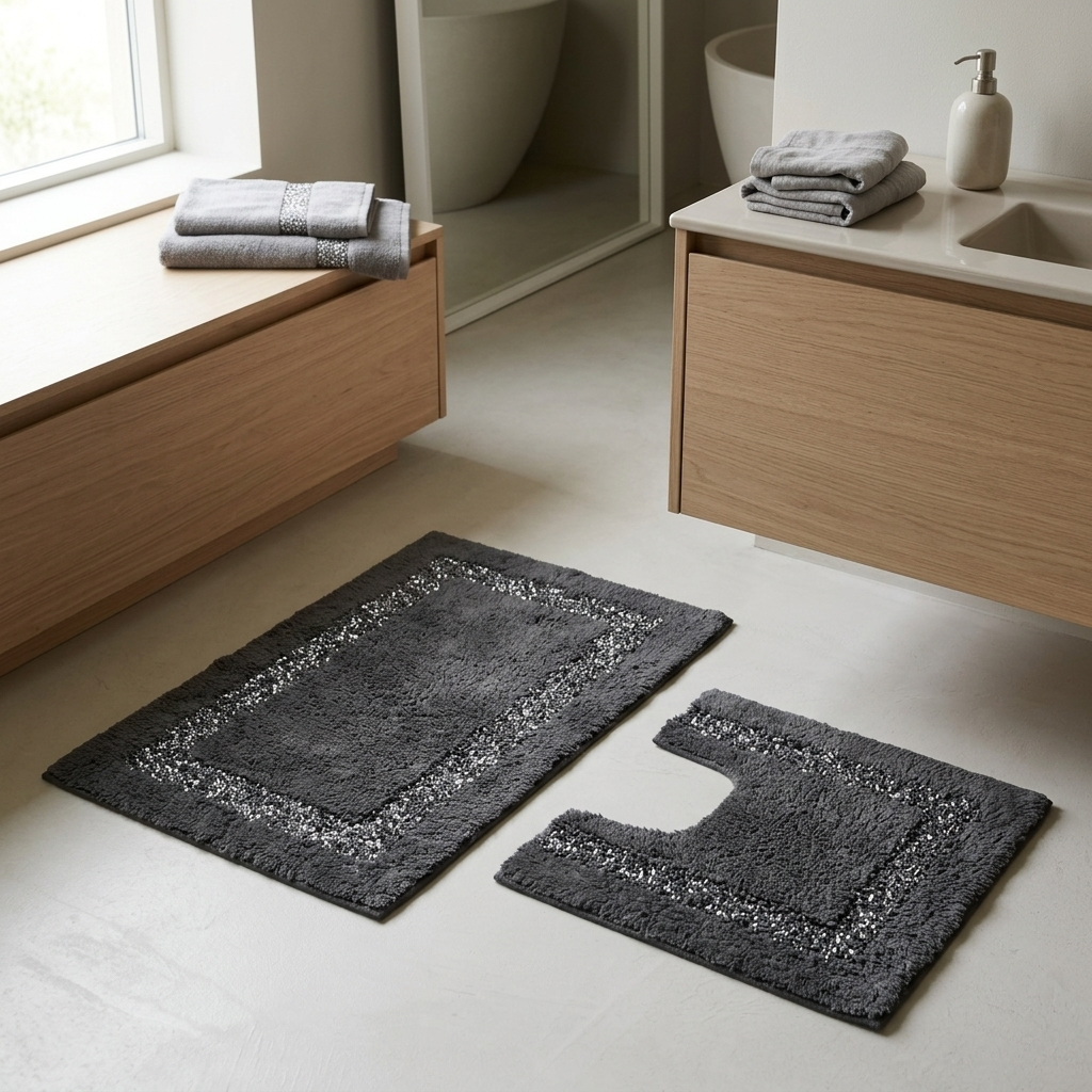 Charcoal Brillare cotton bath mat and pedestal mat styled on a light bathroom floor beside a wooden vanity unit with folded grey towels showing silver sparkle border trim 2-piece set Emma Barclay Panache Home