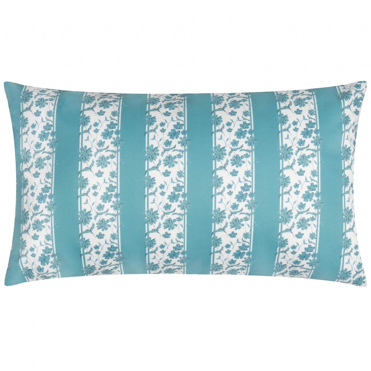 Front view of a rectangular outdoor cushion with alternating solid teal stripes and white stripes filled with hand-painted teal floral vine detail – Kumperi