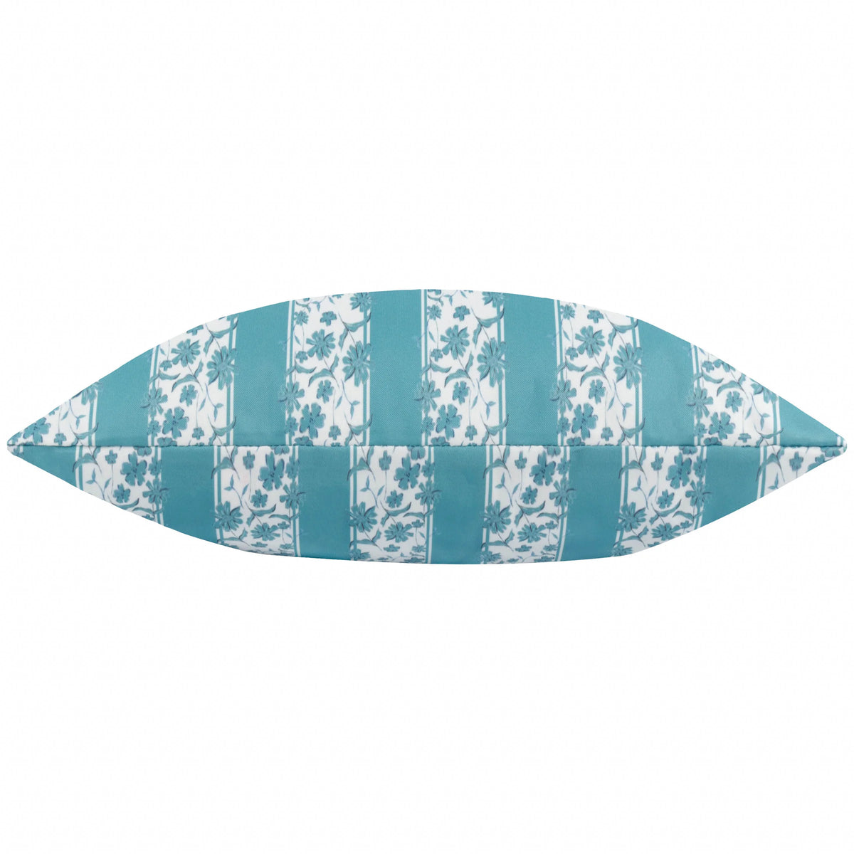 Side-on view of the reversible mineral blue floral stripe cushion showing matching pattern on both sides and a neat piped seam – Kumperi
