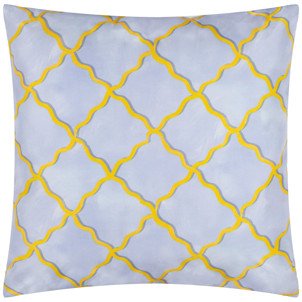 Front view of the cushion showing the full blue trellis lattice pattern in yellow and grey linework across the fabric – Kumperi