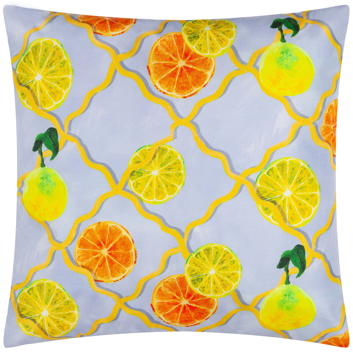 Square outdoor cushion with a pale blue trellis print scattered with hand-painted orange and lemon slices and whole lemons with green leafy stems – Kumperi