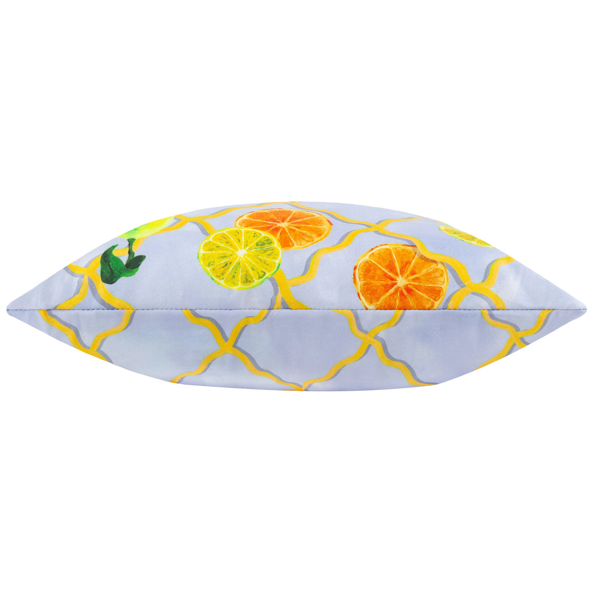 Side-on profile view of the cushion showing its plump, fibre-filled shape and the citrus trellis print wrapping around the edge with a piped seam – Kumperi