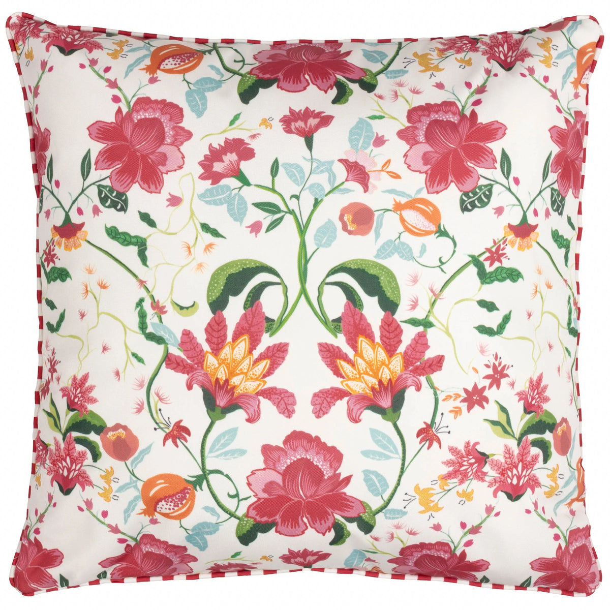 Square outdoor cushion with an all-over hand-painted floral print on white, featuring large pink and red blooms, orange pomegranates, pale blue leaves and trailing green vines, finished with candy red and white striped piping – Kumperi