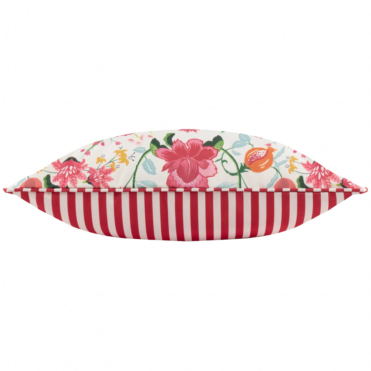 Side-on view of the reversible cushion showing the floral print on one side and red and white stripe on the other, meeting at a piped seam – Kumperi