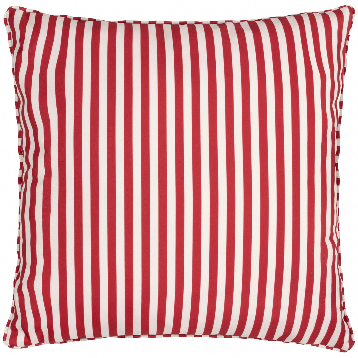 Reverse side of the cushion showing a bold candy red and white vertical stripe design with matching striped piped edging – Kumperi