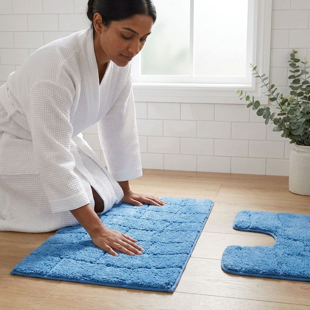Woman in white waffle robe kneeling and pressing cobalt blue cotton wave block texture bath mat flat on warm oak wood bathroom floor in bright white subway tile bathroom with potted eucalyptus plant and pedestal mat placed beside it 2-piece set Emma Barclay Waves design