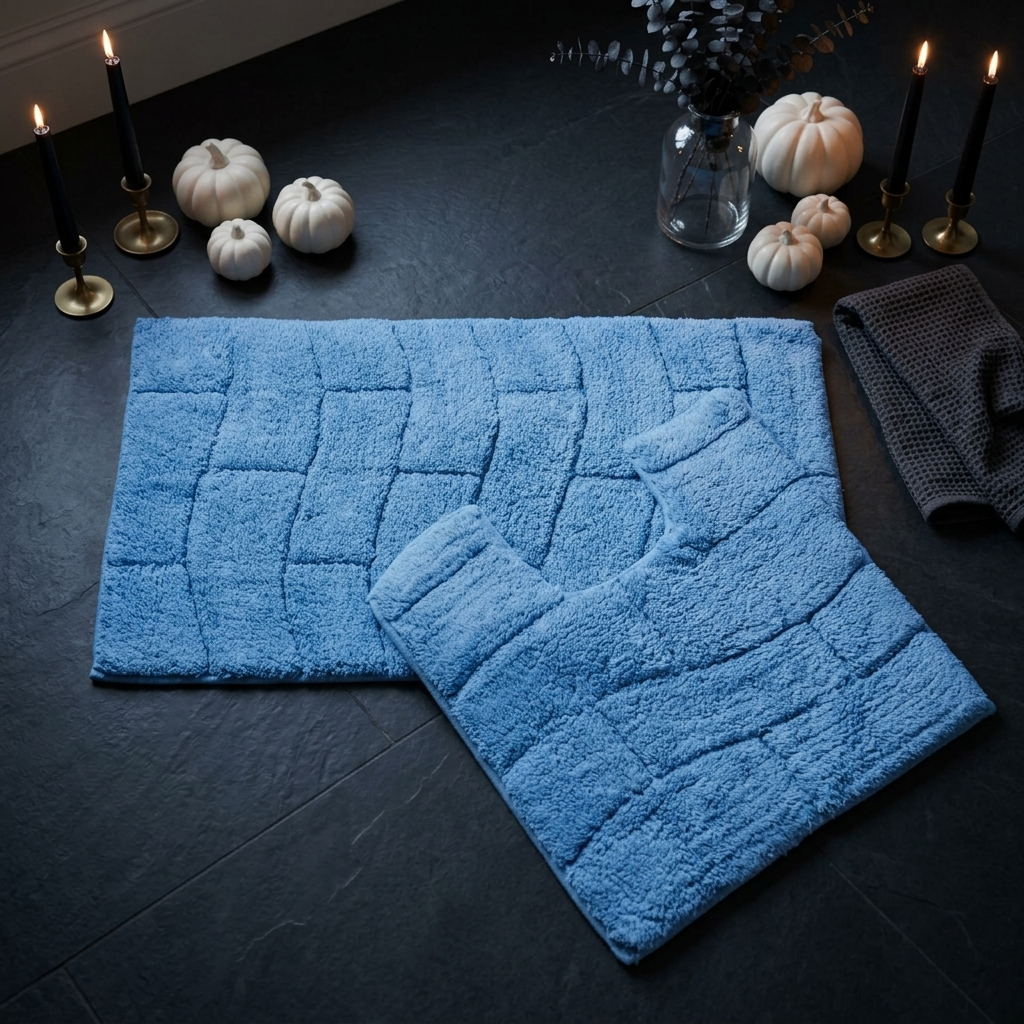 Cobalt blue cotton wave block texture bath mat and pedestal mat overlapping on dark slate floor with lit black candles in brass holders white pumpkins glass vase of dried eucalyptus and grey waffle towel moody editorial styling 2-piece set Emma Barclay Waves design