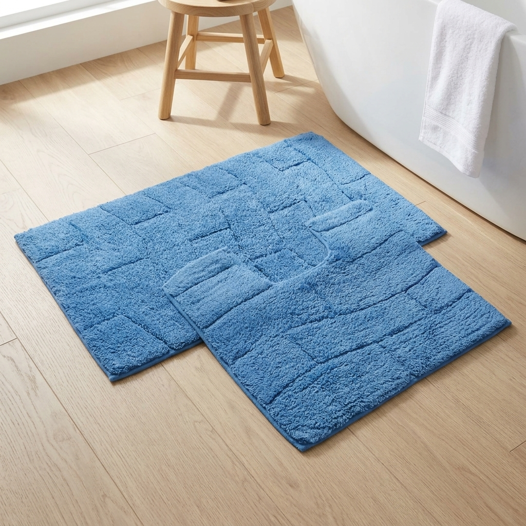 Cobalt blue cotton wave block texture bath mat and pedestal mat laid on warm oak wood floor in Scandi style bathroom beside freestanding white bath and oak wooden stool with white towel draped over edge 2-piece set Emma Barclay Waves design