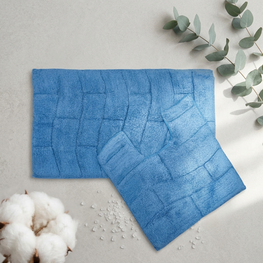 Cobalt blue 100% cotton wave block texture bath mat and pedestal mat 2-piece set styled flat lay on light grey concrete with eucalyptus sprigs white crystal pebbles and cotton bolls showing raised block texture pattern Emma Barclay Waves design