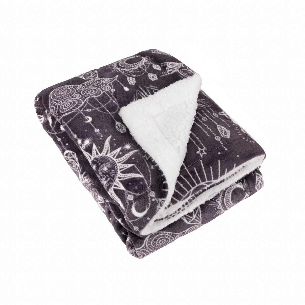 Corner of the folded throw turned back to reveal the plush white sherpa fleece reverse against the charcoal celestial print face – Kumperi
