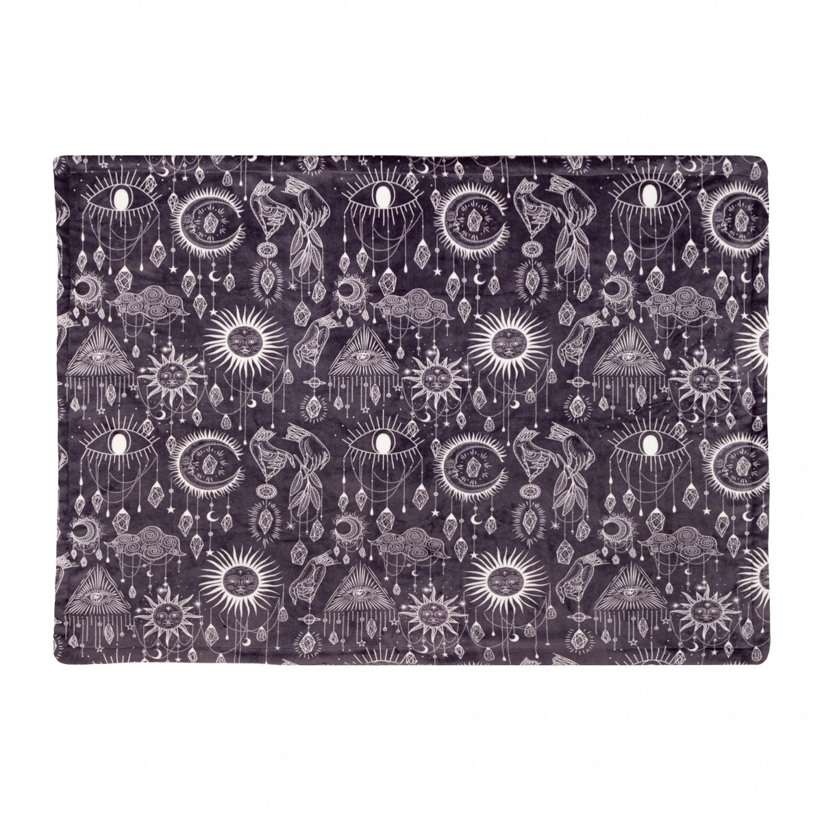 Flat top-down view of the throw showing the full repeat pattern of eyes, suns with faces, crescent moons, clouds and hanging crystal and star charms in white on a charcoal ground – Kumperi