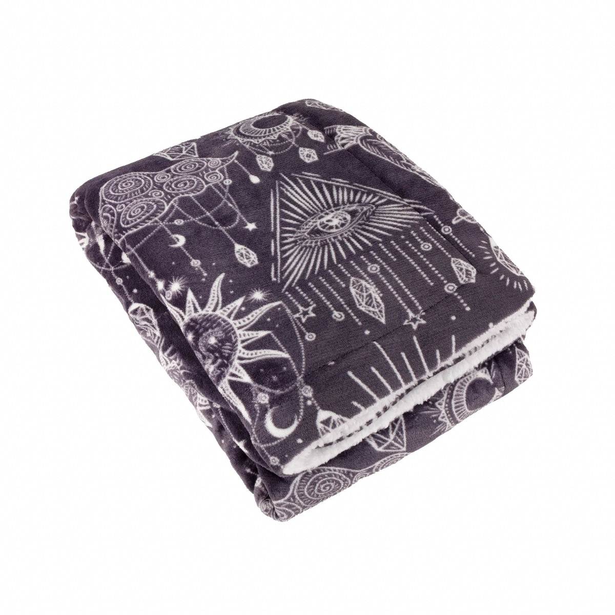Folded charcoal fleece throw showing an intricate white celestial print of an all-seeing eye, radiant suns with faces, crescent moons and hanging crystal motifs – Kumperi