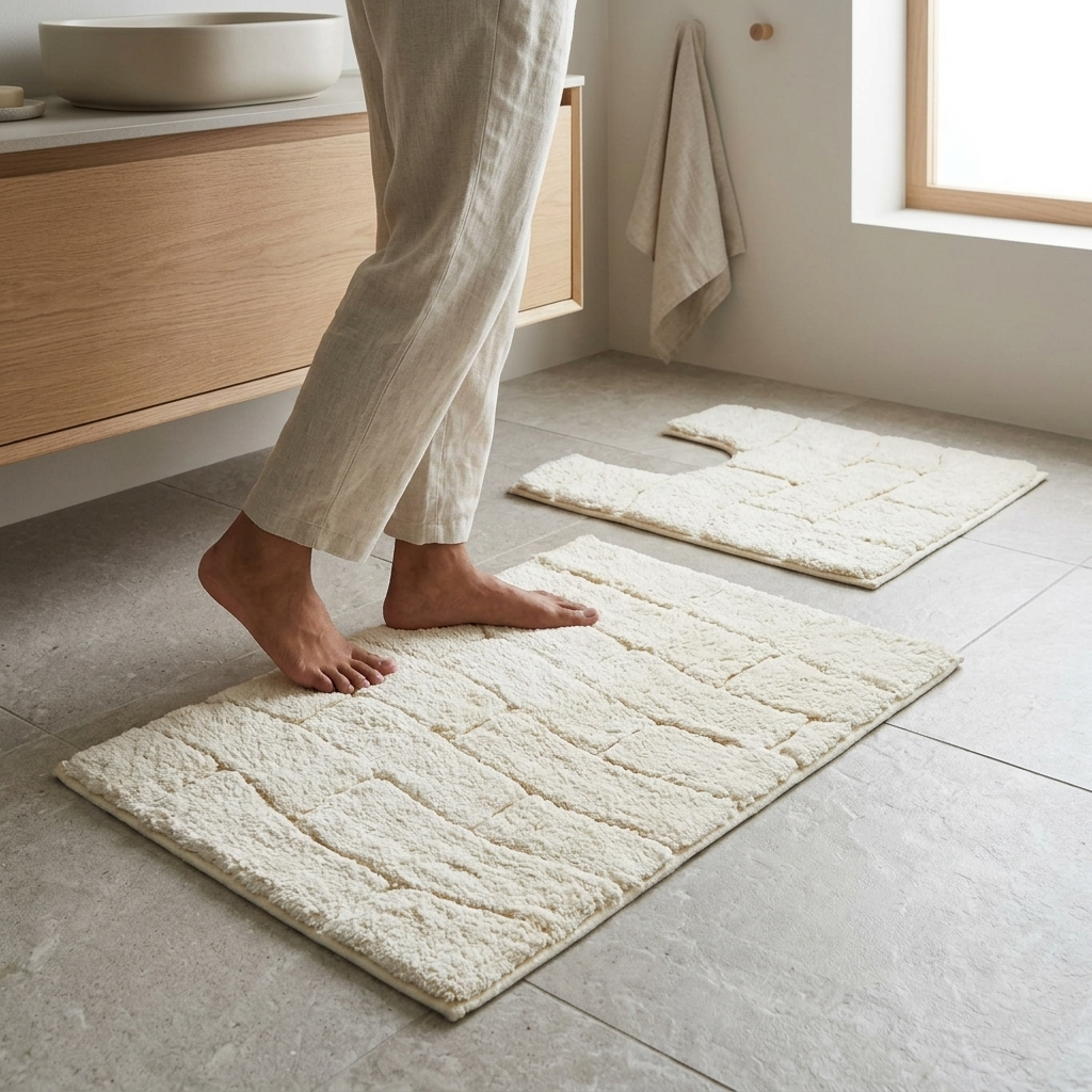Person in linen trousers stepping barefoot onto cream cotton wave block texture bath mat in modern Scandi bathroom with floating oak vanity unit pedestal mat visible in background highly absorbent soft cotton 2-piece set Emma Barclay Waves design