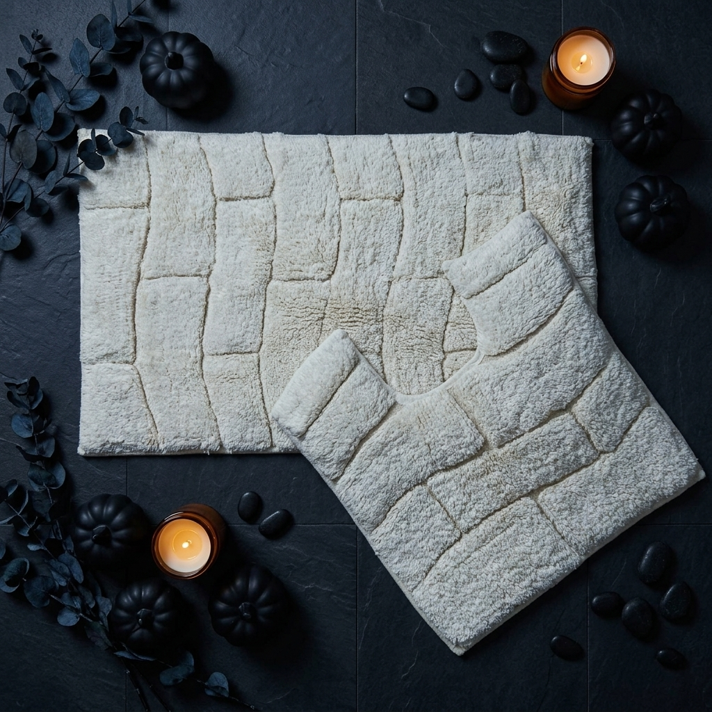 Cream cotton wave block texture bath mat and pedestal mat overlapping on dark black slate surface with amber candles black pumpkins black pebbles and dried eucalyptus moody editorial styling showing raised block pile texture Emma Barclay Waves design