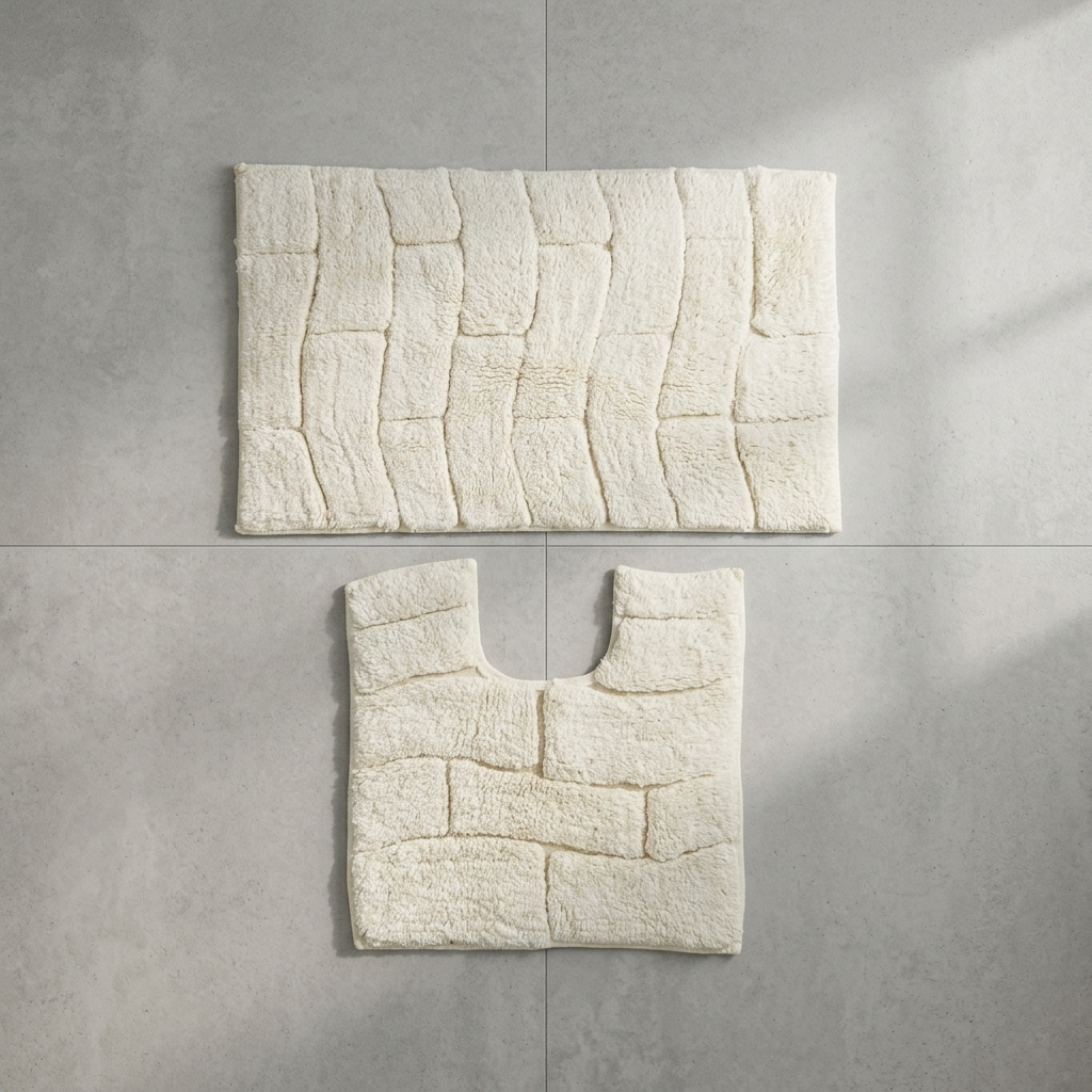 Cream cotton wave block texture bath mat and pedestal mat overhead flat lay on grey concrete floor showing both pieces separately raised brick pattern pile texture bath mat 50x80cm pedestal mat 50x50cm Emma Barclay Waves design
