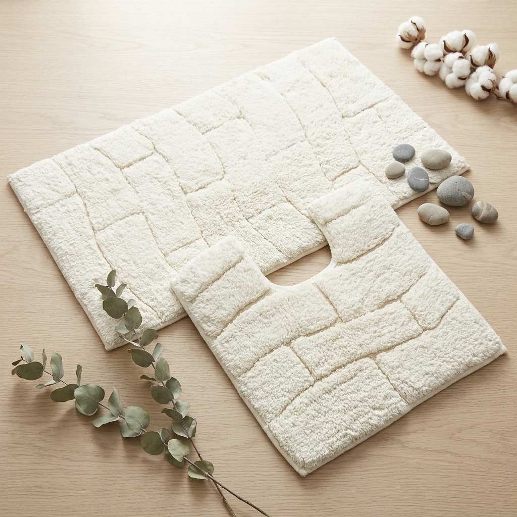 Cream 100% cotton wave block texture bath mat and pedestal mat 2-piece set styled flat lay on light wood surface with eucalyptus leaves natural pebbles and cotton bolls showing raised brick pattern Emma Barclay Waves design