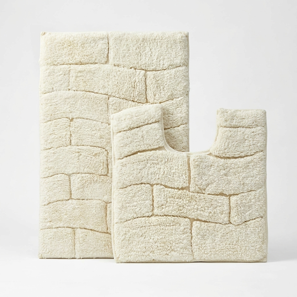 Cream cotton wave block texture bath mat and pedestal mat propped upright against white background showing thick deep pile and raised block brick texture detail 2-piece set Emma Barclay Waves design