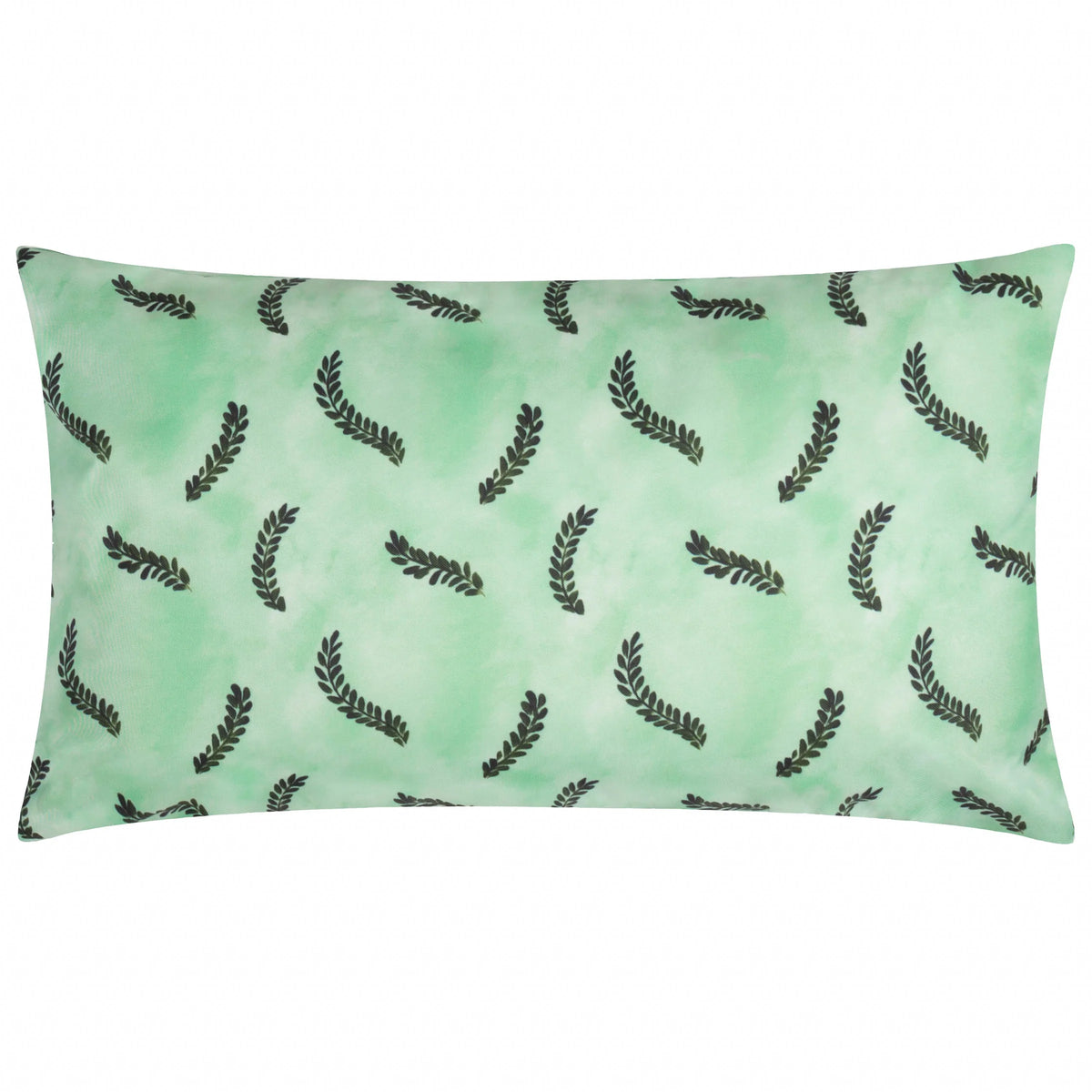 Reverse side of the cushion showing a scattered dark green fern-leaf print on a soft mint green watercolour ground – Kumperi