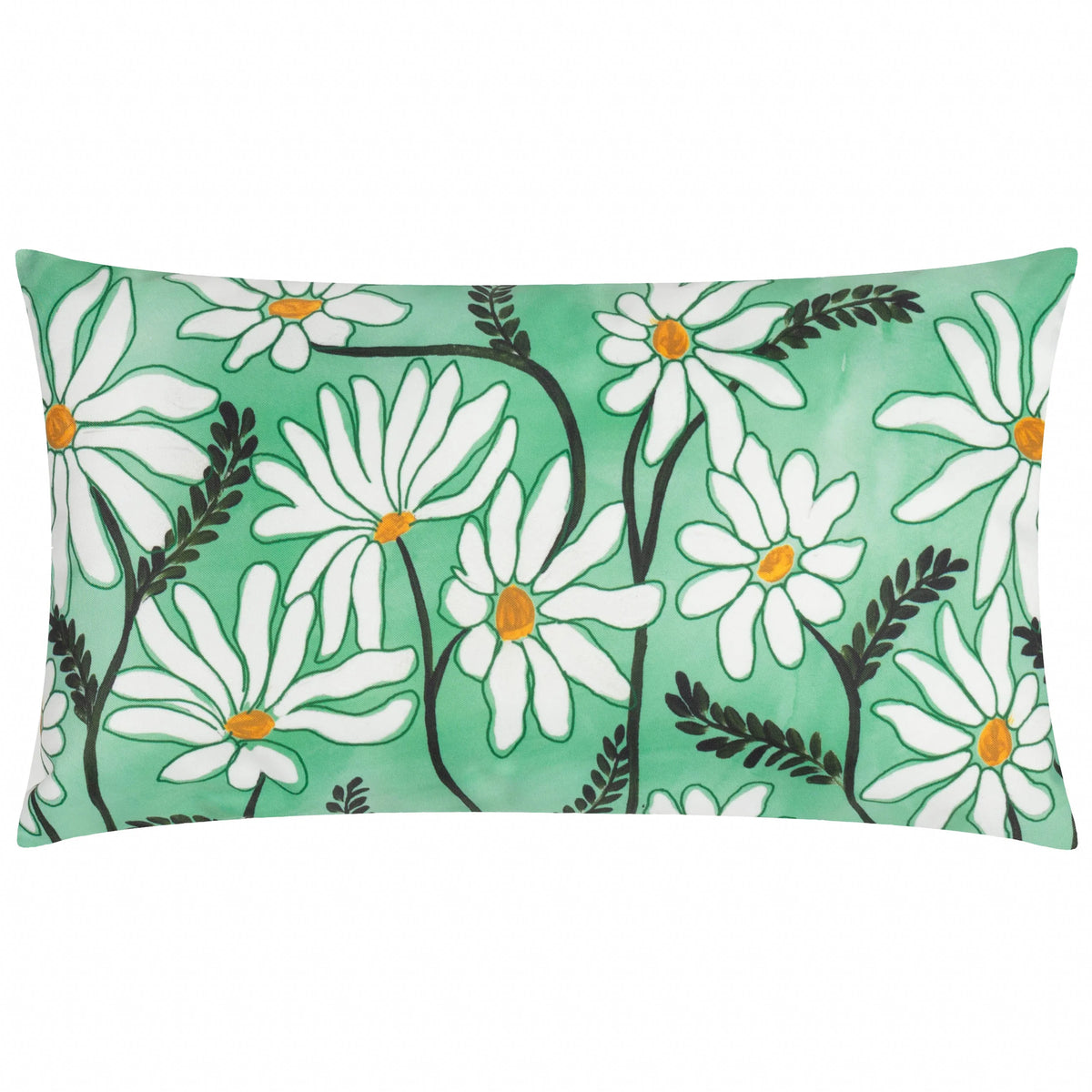 Rectangular outdoor cushion with a hand-drawn print of large white daisies with orange centres, green stems and fern leaves on a mint green watercolour ground – Kumperi