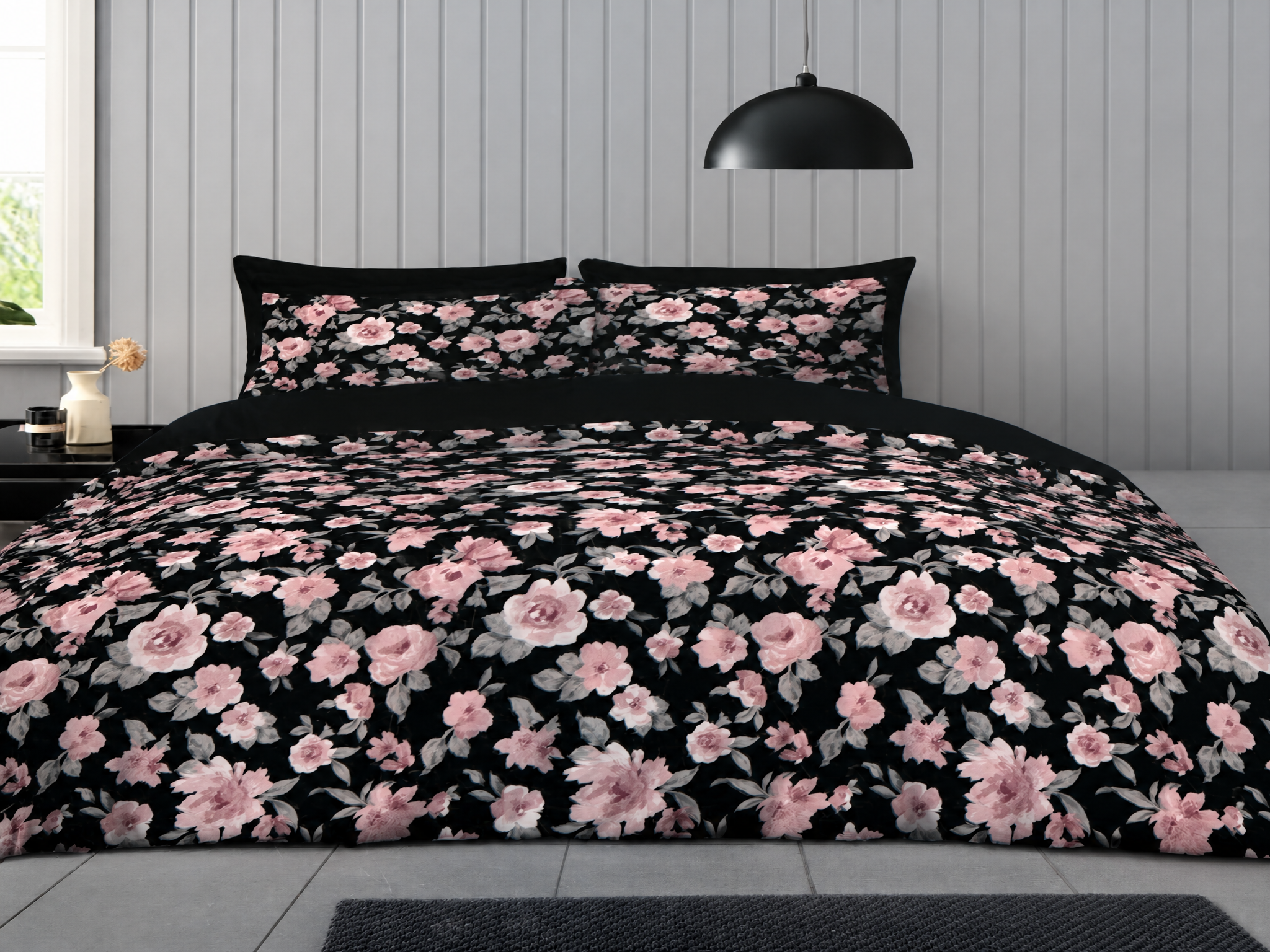 Tatiana Floral King Duvet Cover Set | Black Pink Rose | Kumperi