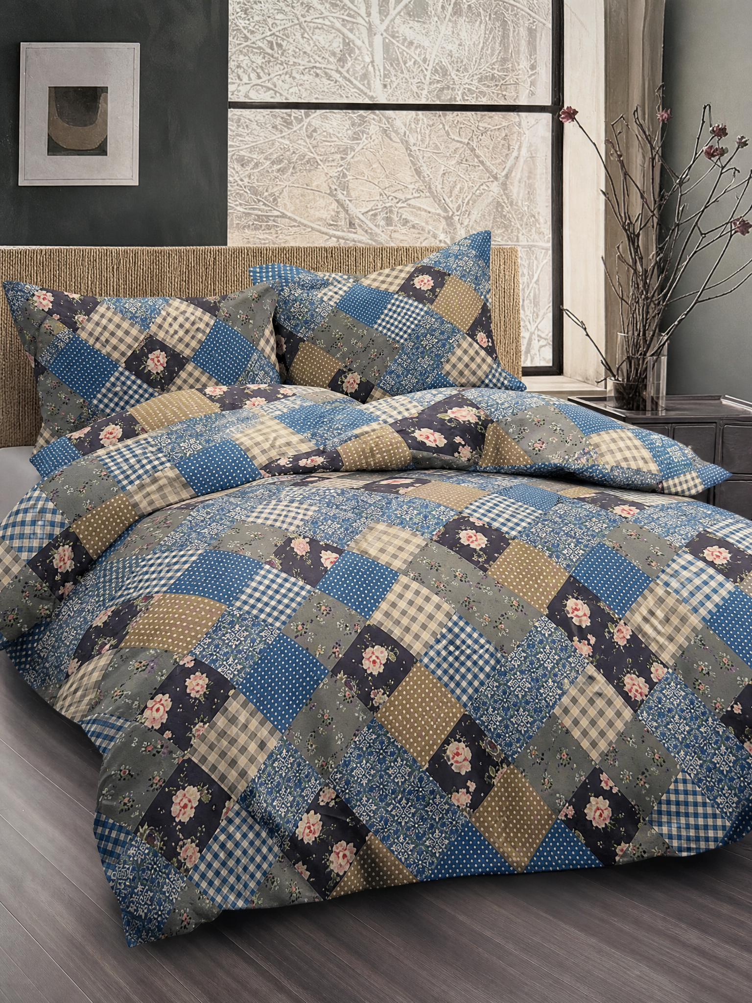 Patchwork Floral King Duvet Cover Set | Blue Multi | Egyptian Cotton Touch | Kumperi