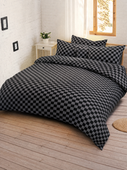 Checker Board King Duvet Cover Set | Black Grey | Egyptian Cotton Touch | Kumperi