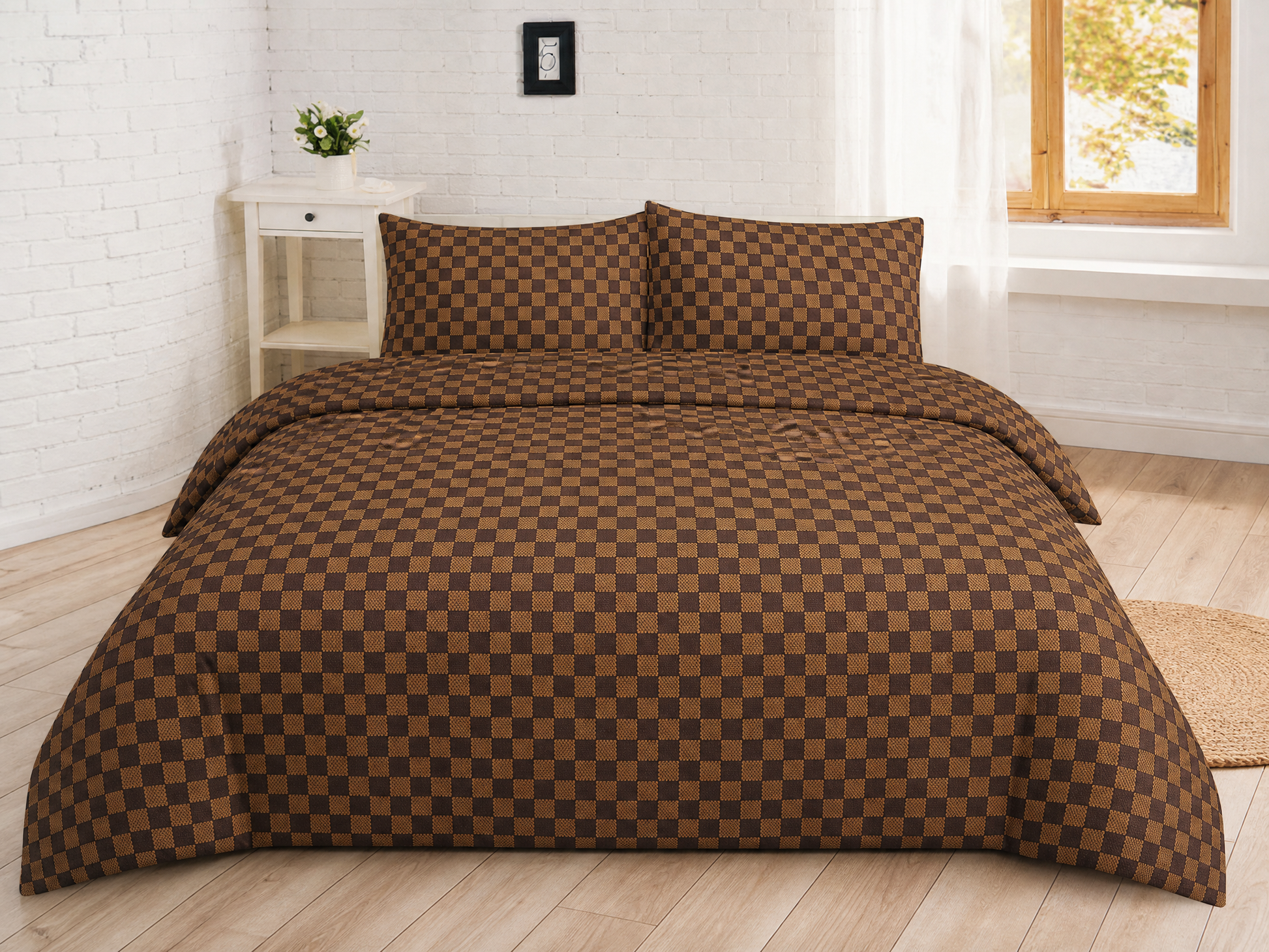 Checker Board King Duvet Cover Set | Brown Chocolate | Egyptian Cotton Touch | Kumperi