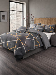 Geometric Lines King Duvet Cover Set | Charcoal Grey Gold | Egyptian Cotton Touch | Kumperi