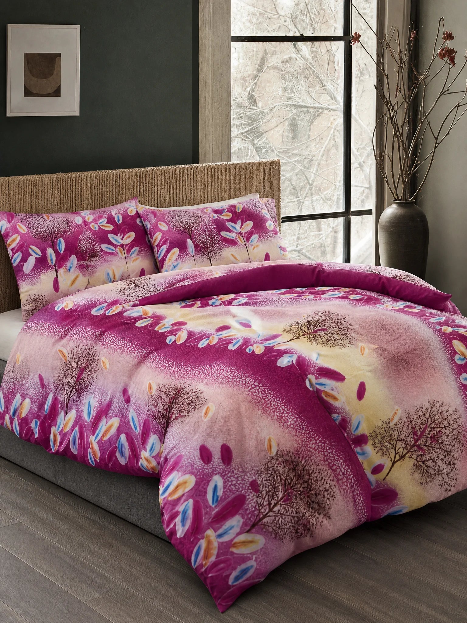 Floral Leaf Tree King Duvet Cover Set | Berry Purple Pink | Egyptian Cotton Touch | Kumperi