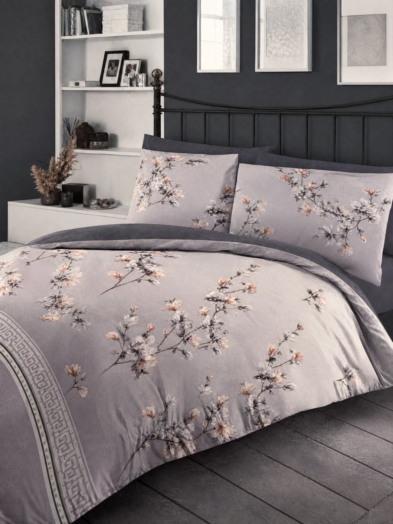 Jessamine Floral King Duvet Cover Set | Blue Grey | Greek Key Border | Kumperi
