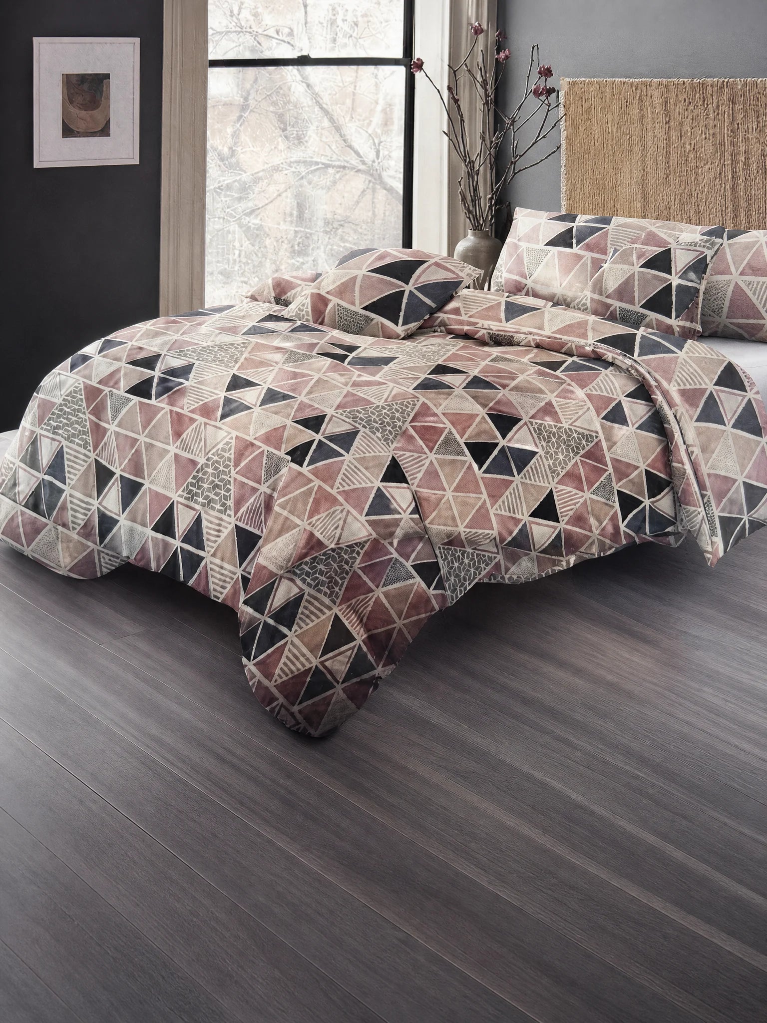 Geometric Triangle King Duvet Cover Set | Blush Pink Navy | Egyptian Cotton Touch | Kumperi