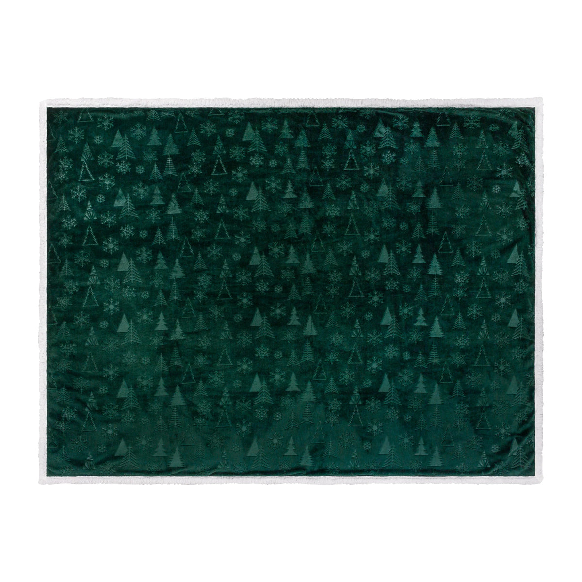 Flat top-down view of the emerald throw showing the full embossed repeat pattern of Christmas trees and snowflakes across the fabric, bordered in white sherpa fleece – Kumperi