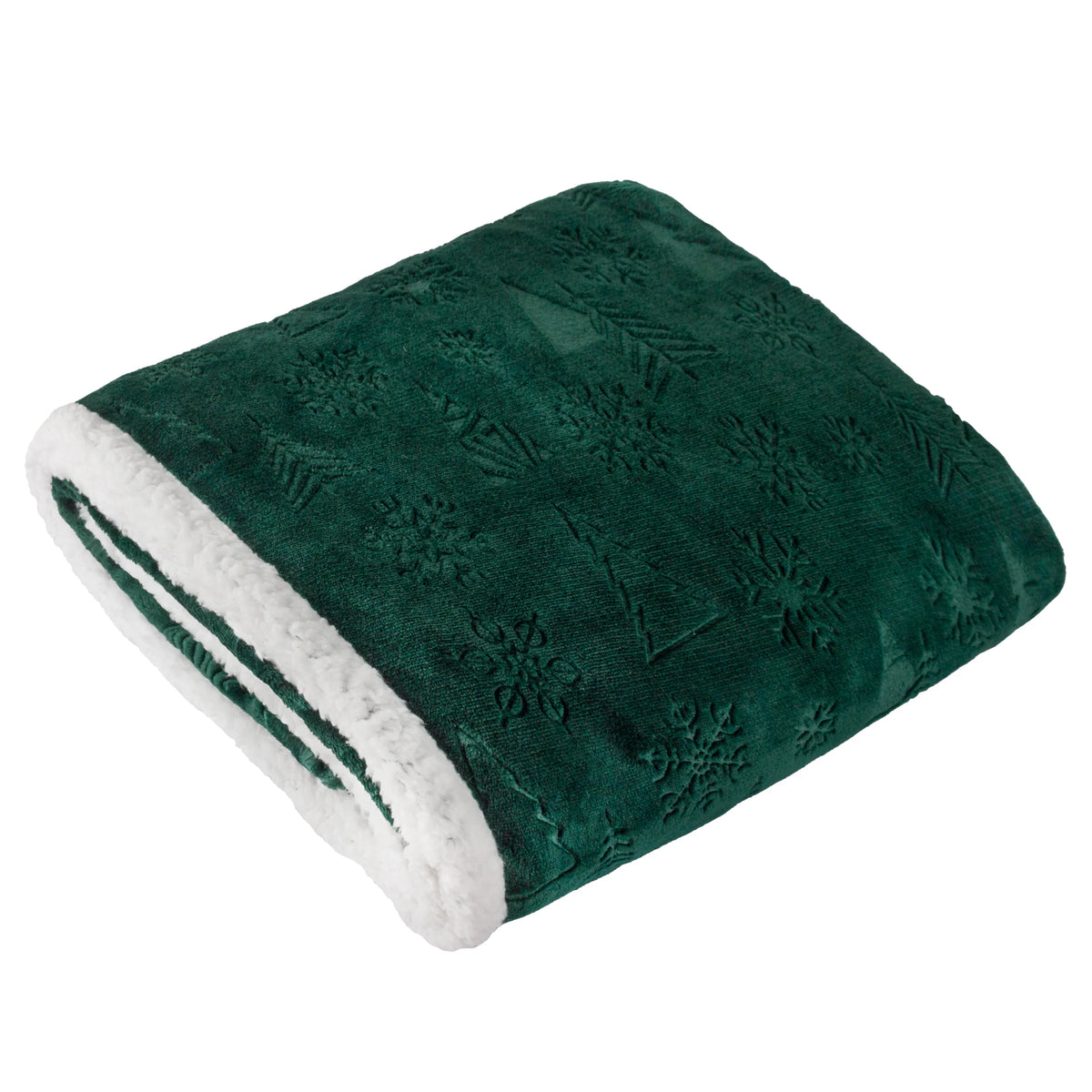 Folded emerald velvet-look throw with an embossed pattern of Christmas trees and snowflakes, edged with a white sherpa fleece border – Kumperi