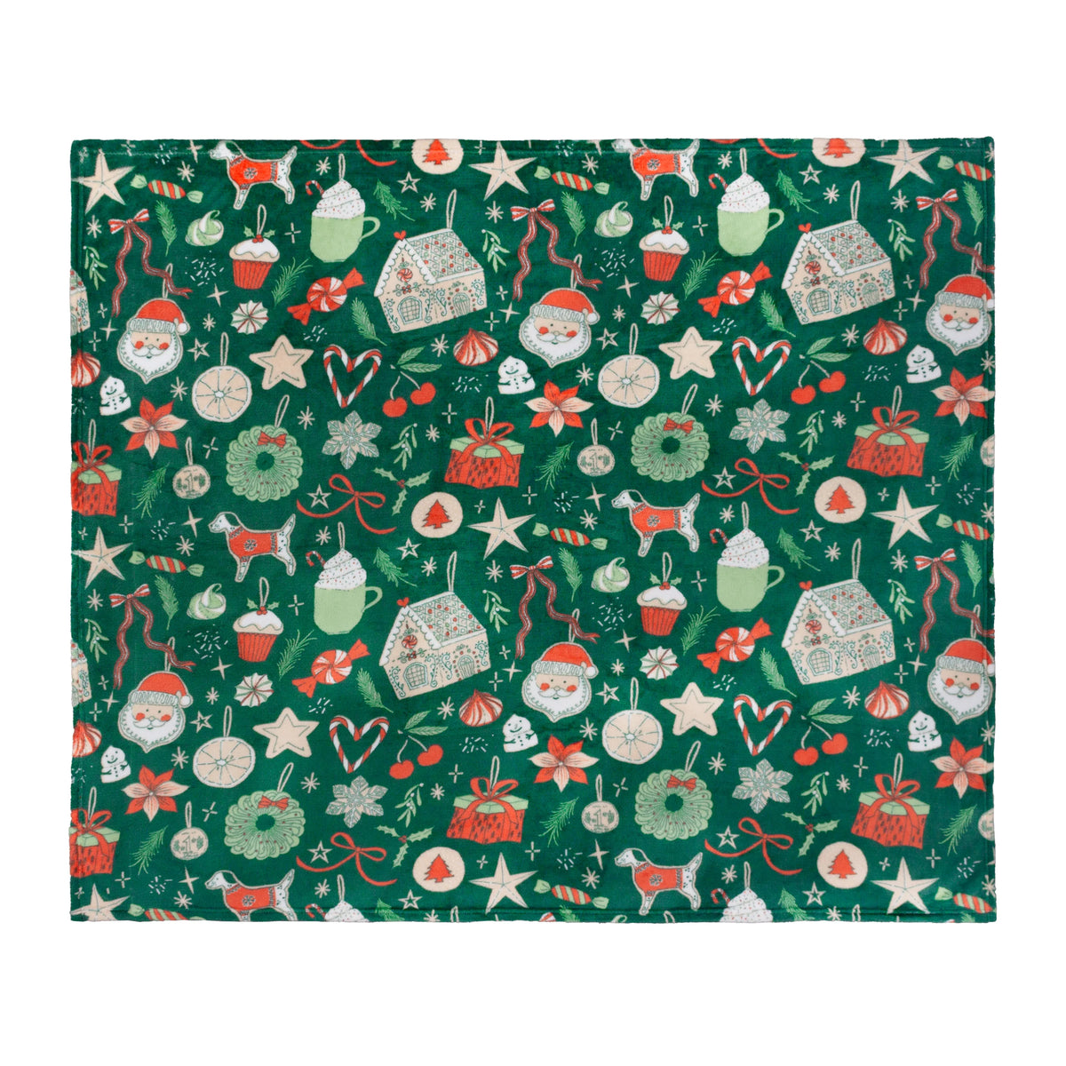 Flat top-down view of the full emerald throw showing an all-over repeat pattern of Santa faces, gingerbread houses, candy canes, wreaths, cupcakes, mugs of hot chocolate, dogs in red jumpers and festive stars – Kumperi