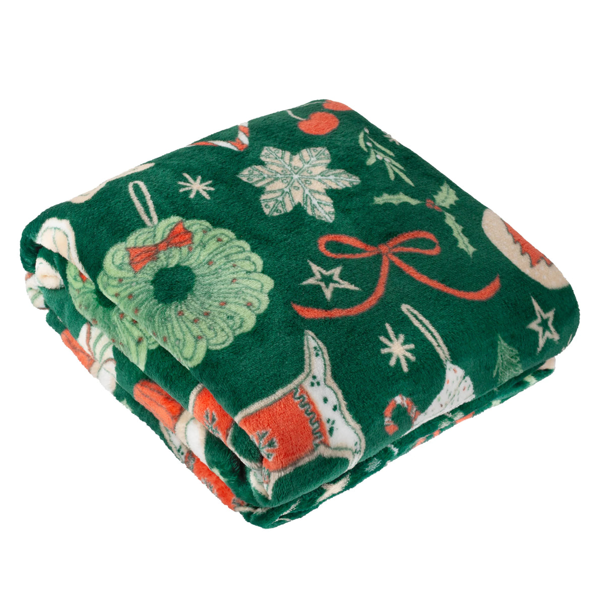 Folded emerald green fleece throw showing a festive print of a wreath, snowflakes, a red bow, Christmas stockings, mistletoe and stars – Kumperi
