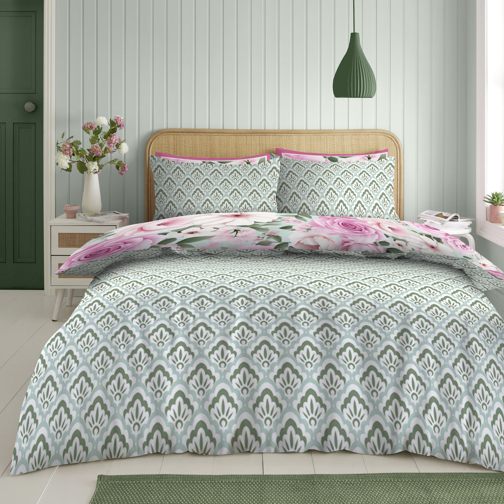 Grey damask reverse side of pink rose floral reversible king duvet cover set Snoozeville by Kumperi soft 100% polyester
