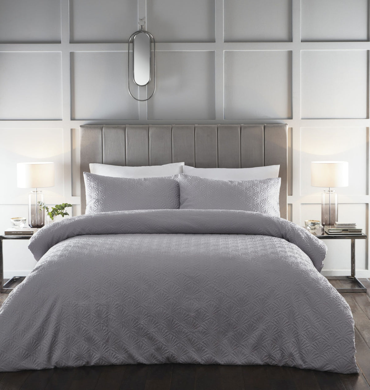 Grey embossed geometric reversible king duvet cover set with soft-touch finish