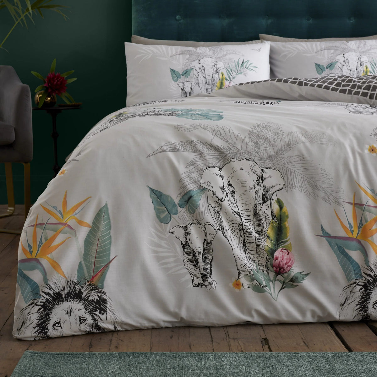Grey tropical safari king duvet cover set flat lay showing safari print front and geometric check reverse