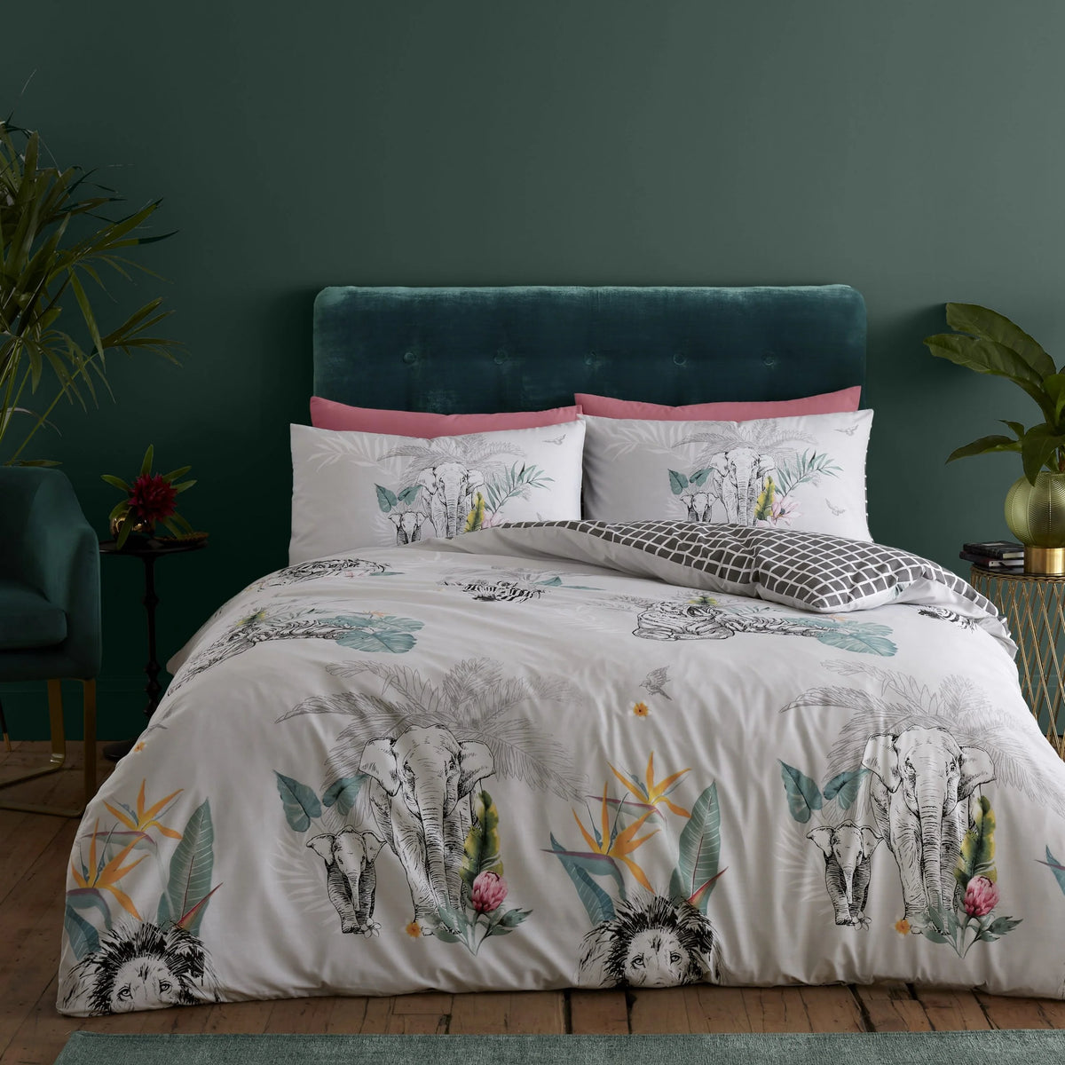 Grey tropical safari king duvet cover set styled on a king-size bed, bold contemporary bedroom